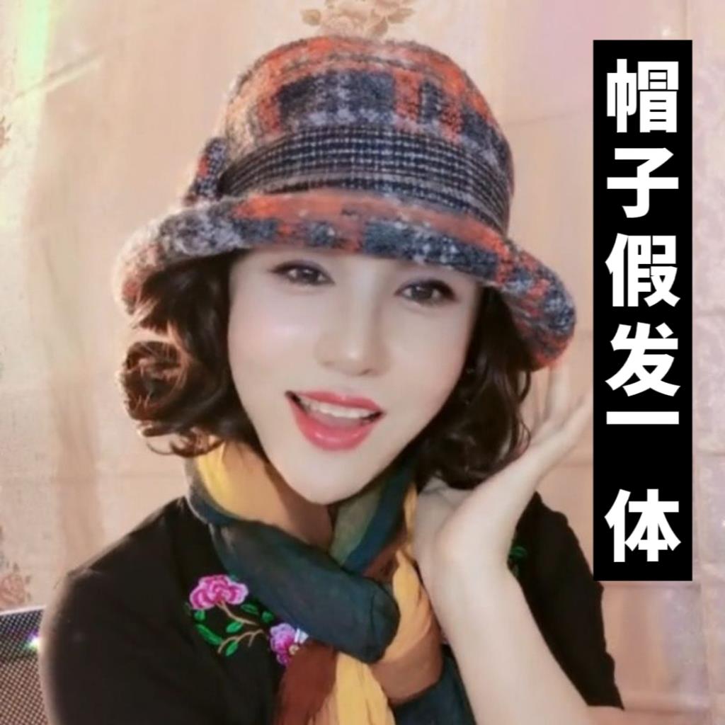 假发女时尚帽子假发一体秋冬季中老年妈妈洋气短卷发全头套假发帽