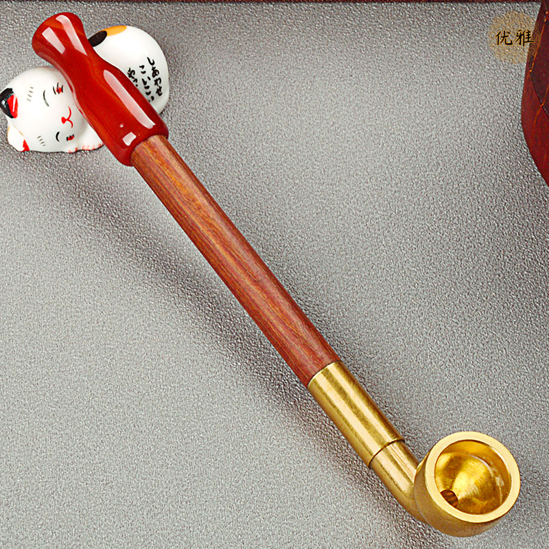 优雅便携式手工旱烟袋烟斗玛瑙烟嘴黄铜烟锅红檀木烟杆男士烟具