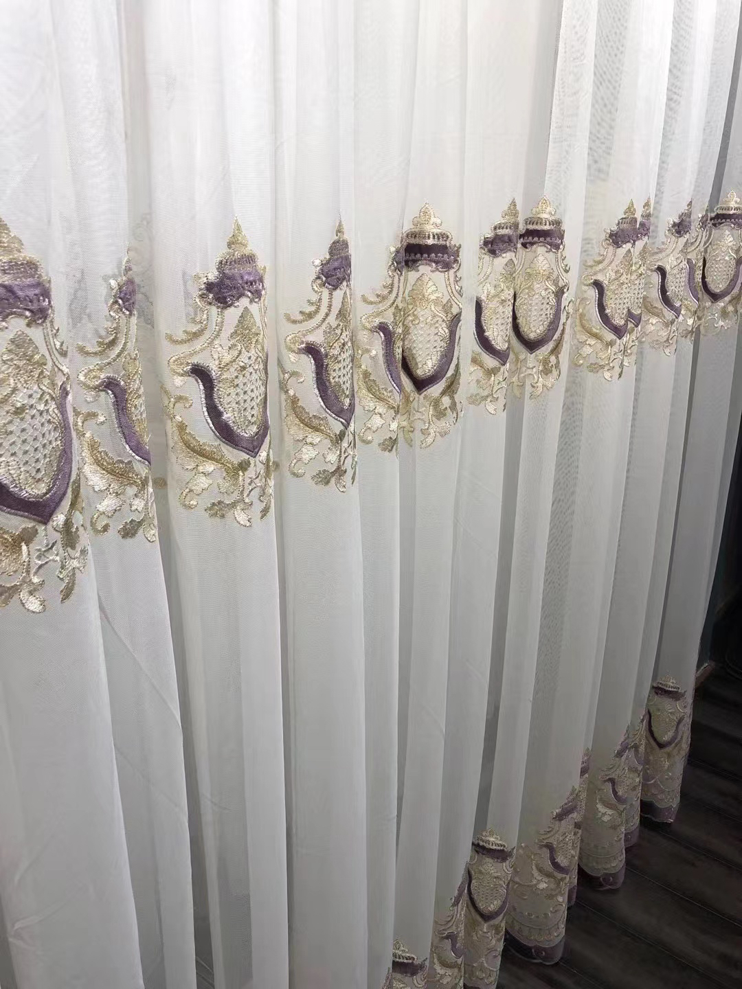 窗纱6紫色绣花透光不透人纱帘中式绣花窗帘卧室阳台客厅水壶图样