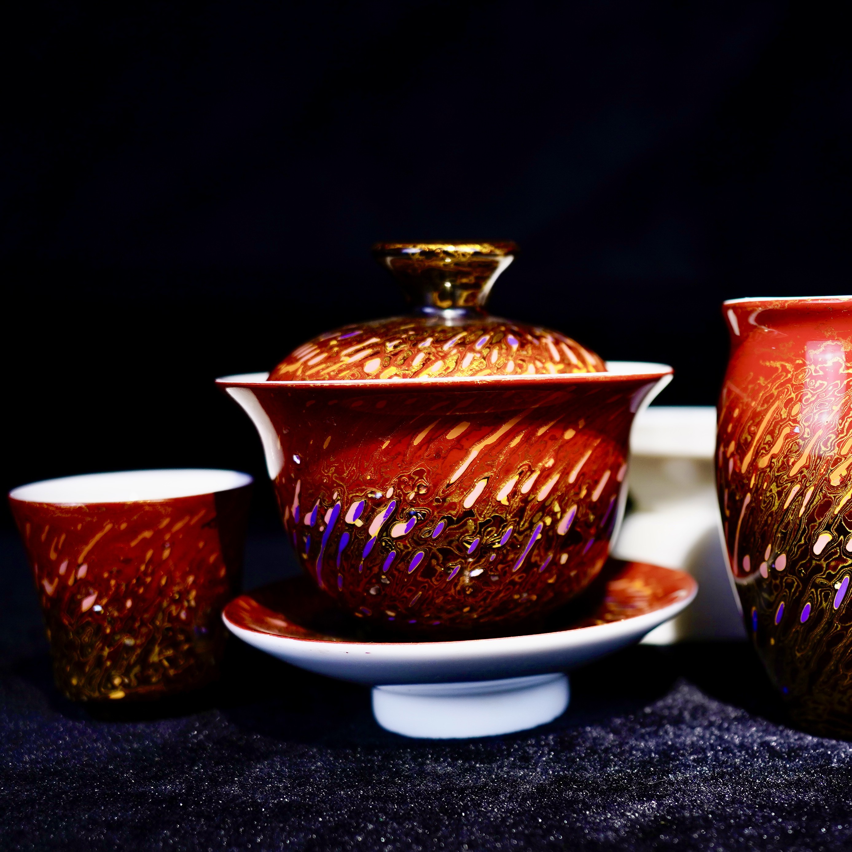 大漆杯子一套手工茶杯高档陶瓷礼盒装