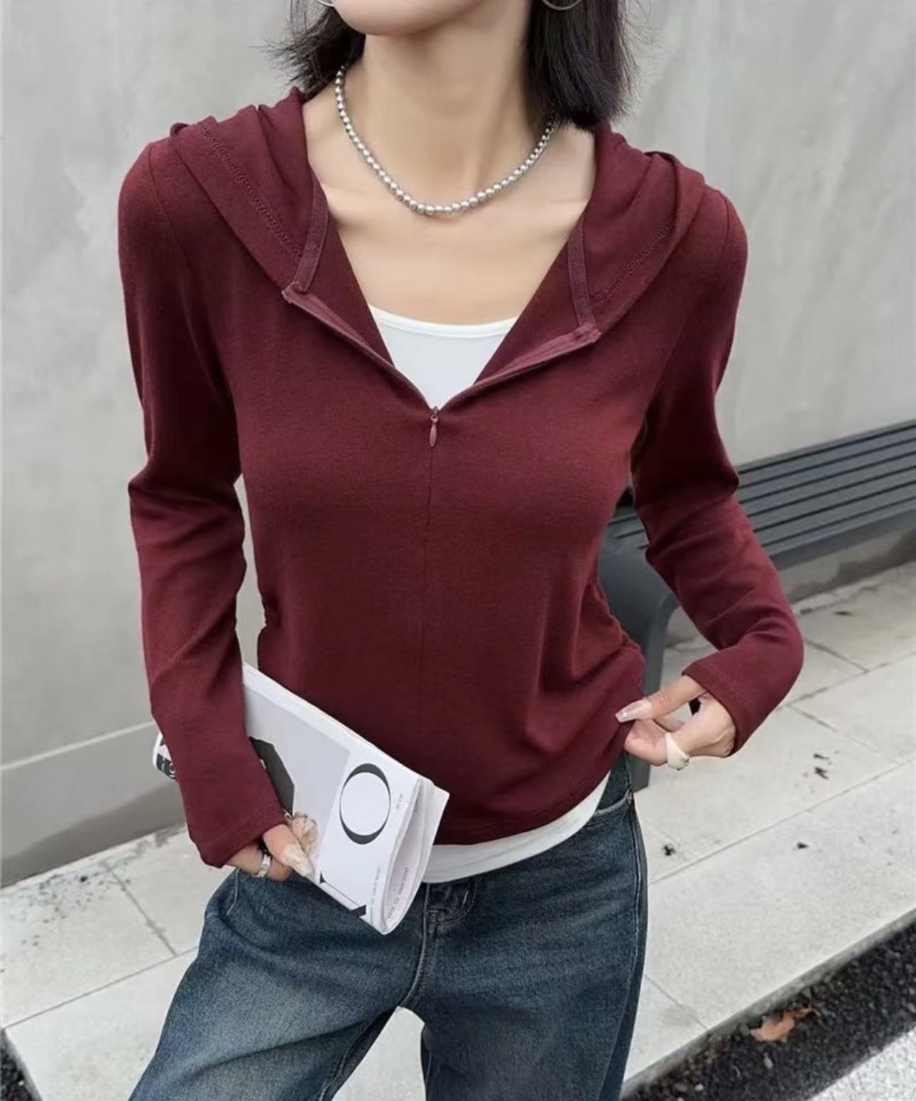 2024秋冬新款连帽拉链T恤女下摆弧形修身韩版打底衫上衣