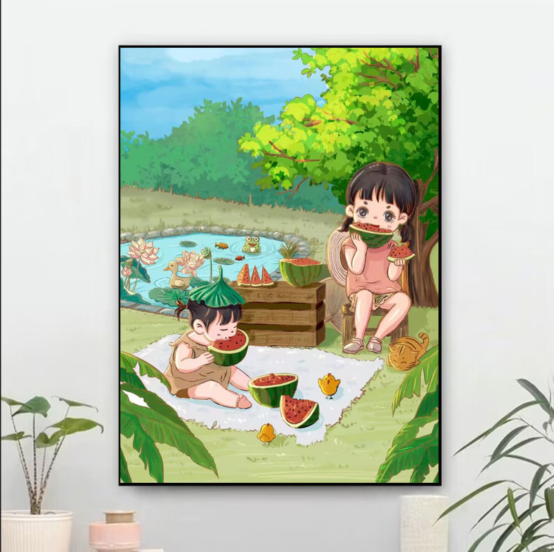 同绣 裸包无针无工具 盛夏野餐十字绣 金丝布 夏天西瓜房间挂画