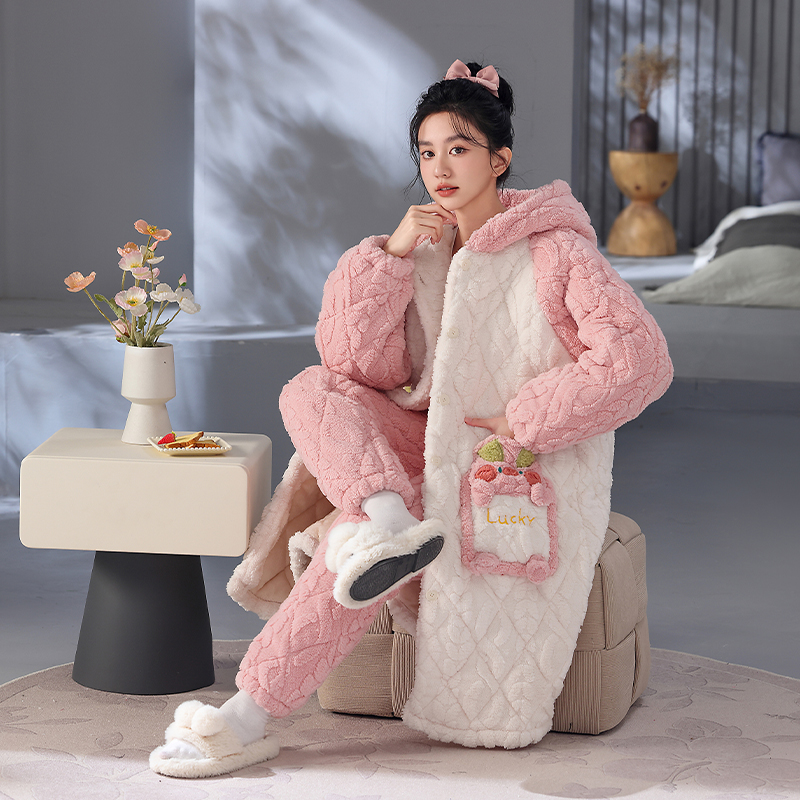 韩纷蝶新款冬季女睡衣三层夹棉加绒加厚法兰绒保暖夹棉家居服套装