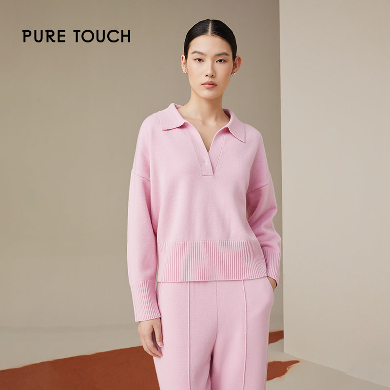 Pure Touch满分羊毛童话粉显瘦翻领上衣