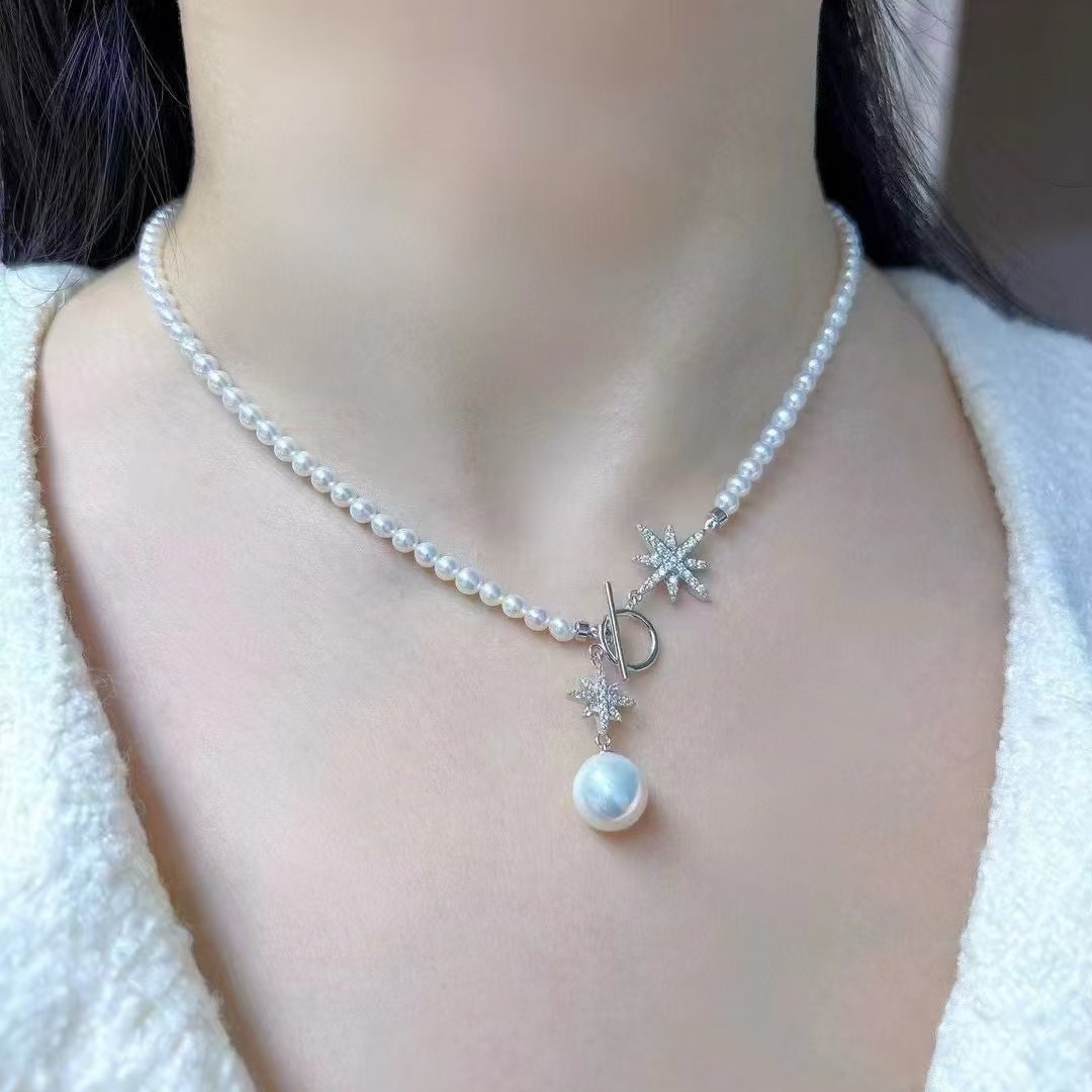 天然珍珠项链点位3～4mm正圆极光星芒加上垂珠巴洛克的设计