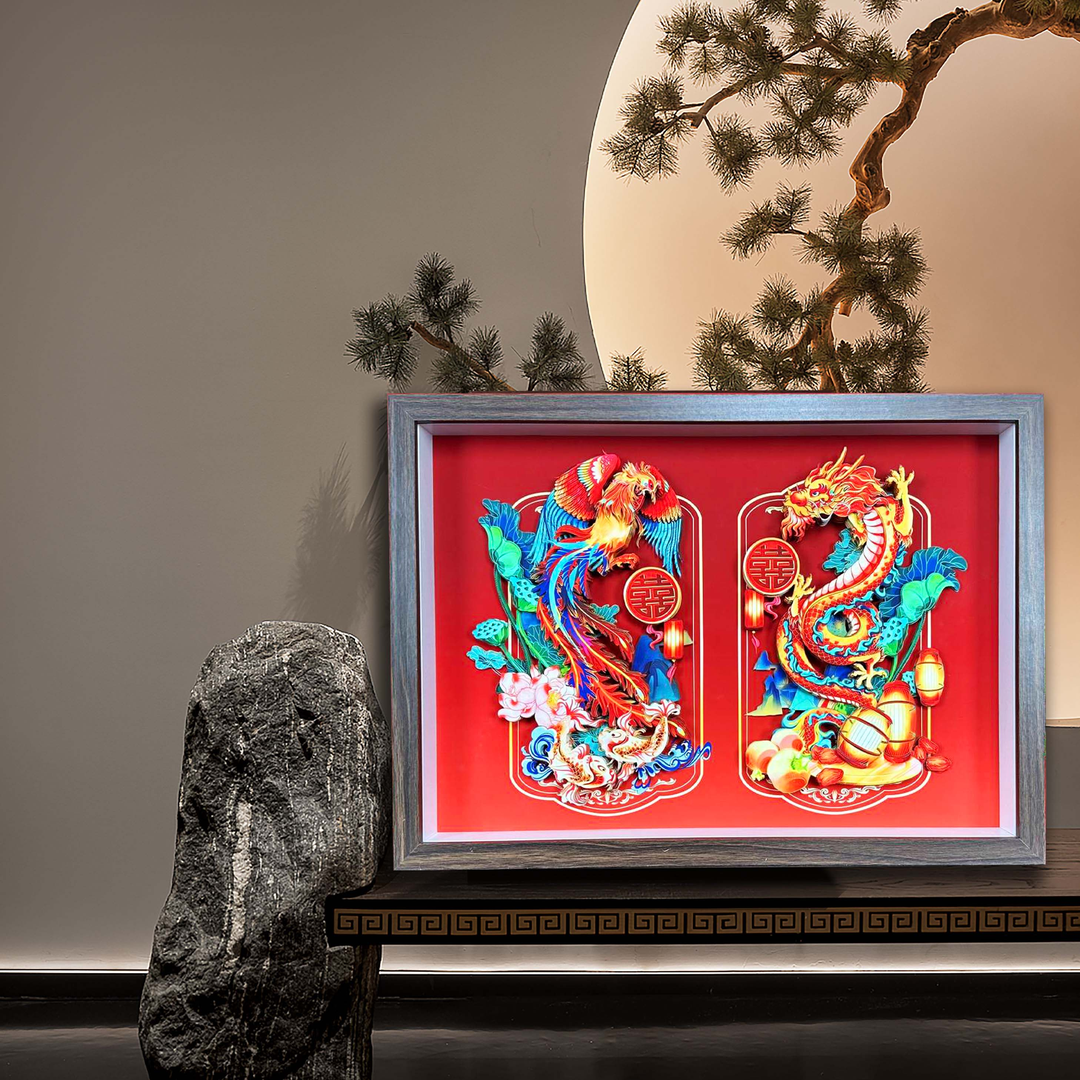 沝森龙凤呈祥壁画挂画3D立体画玄关卧室书房装饰画结婚订婚喜事