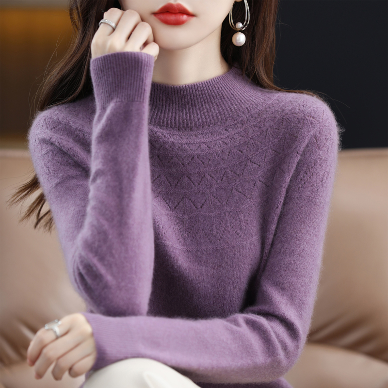 【一线成衣】半高领镂空长袖针织衫女秋冬洋气百搭毛衣宽松打底上衣