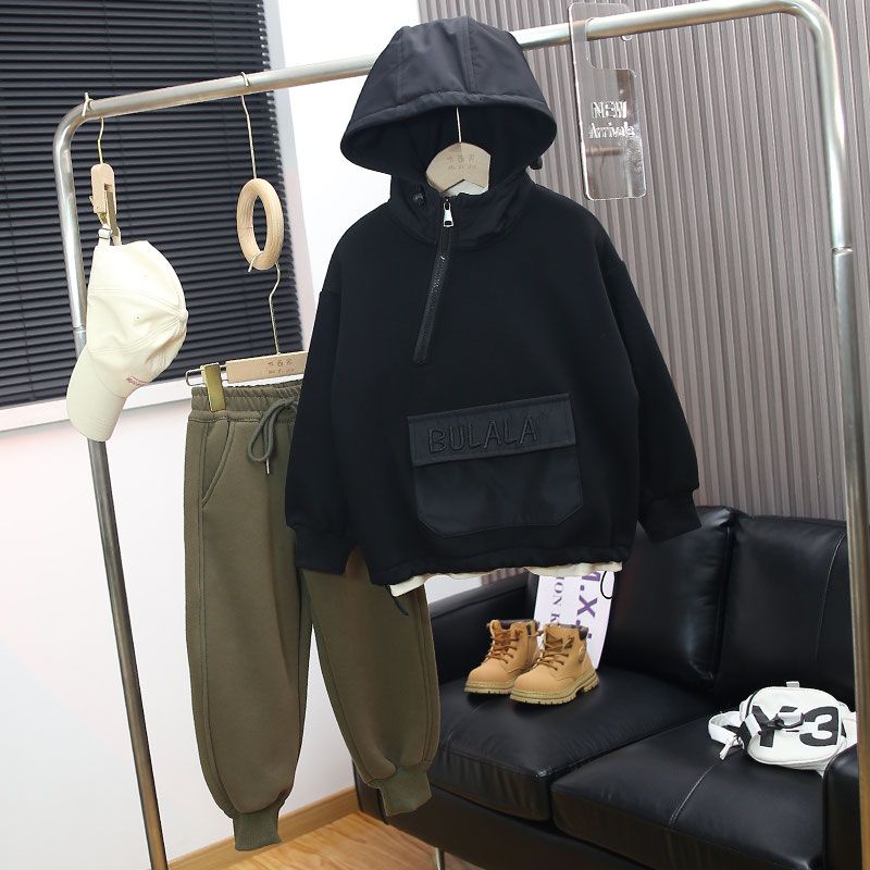 童装男童冬装连帽卫衣套装新款儿童休闲加绒加厚卫裤两件套
