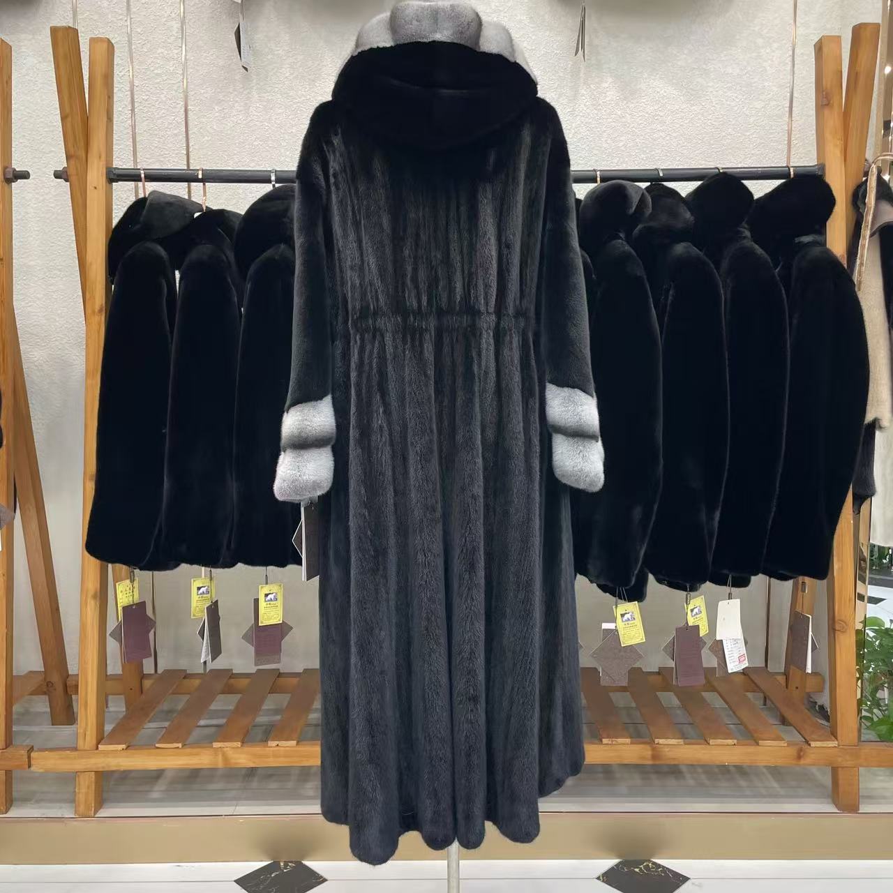 64号 进口天鹅绒宝嘉美新款时尚1米25长款貂大衣 067M