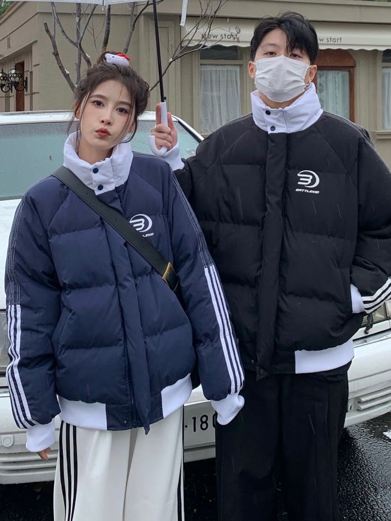 波司豋美式复古大码条纹棉衣棉服女2023冬季新款加厚保暖情侣面包