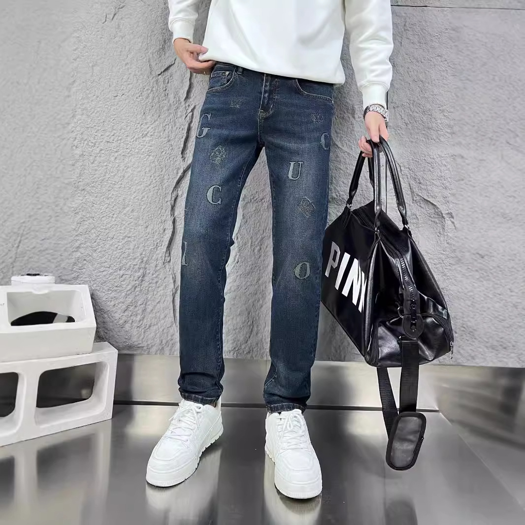 欧货2025秋季新品潮牌烫钻深蓝色牛仔裤男刺绣水洗修身小脚长裤子