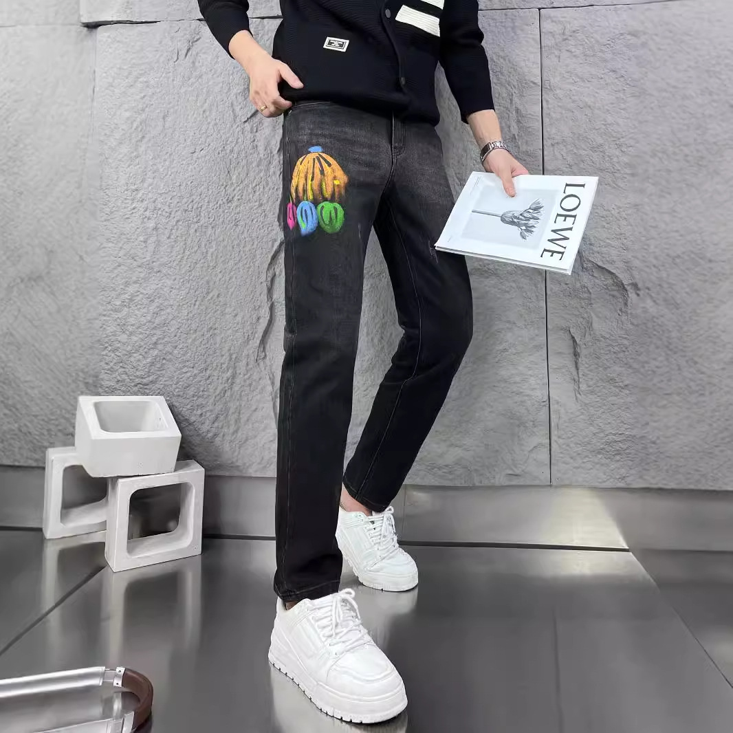 高端欧货南瓜涂鸦黑色秋冬牛仔裤男2025新款个性修身弹力小脚裤男