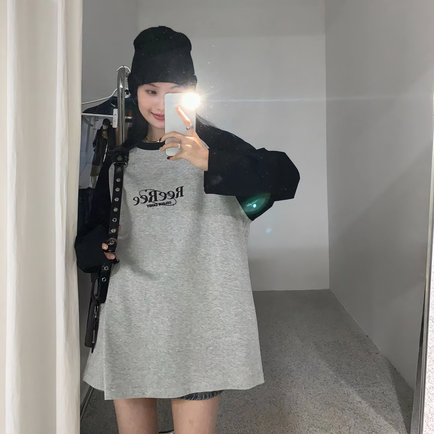 复古印花拼色长袖上衣