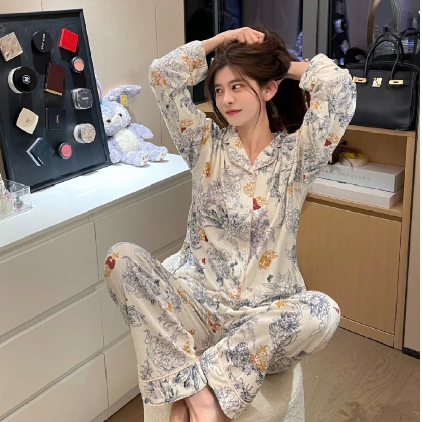 【倾城泼墨】睡衣夏新款秋冬套装高端家居服冰丝气质韩版睡衣女宽松