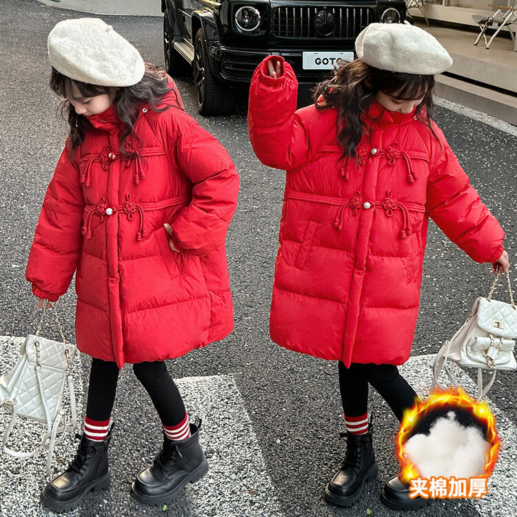 女童中国风棉服冬装2023新款夹棉过年棉衣中长款保暖中大童拜年服
