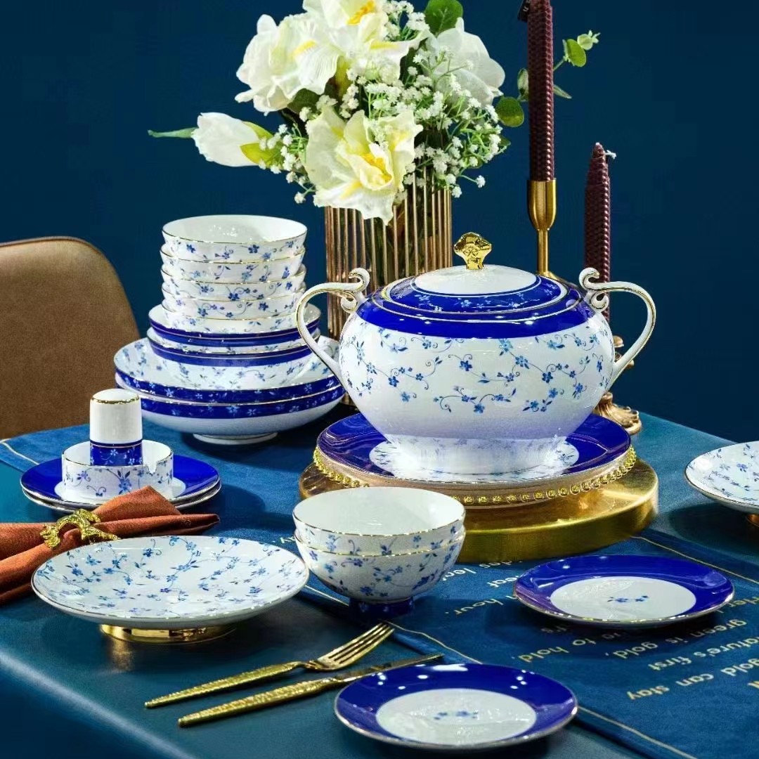  描金青花 升级70件 景德镇餐具骨瓷套装轻奢碗盘中式
