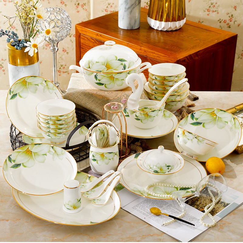 描金玉兰花升级版60件景德镇高档乔迁中式骨瓷餐具碗碟盘