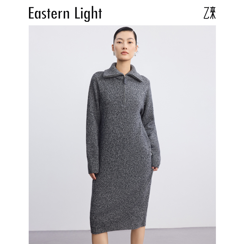 Eastern Light/乙来秋冬AB花纱翻领连衣裙宽松连衣裙气质女士