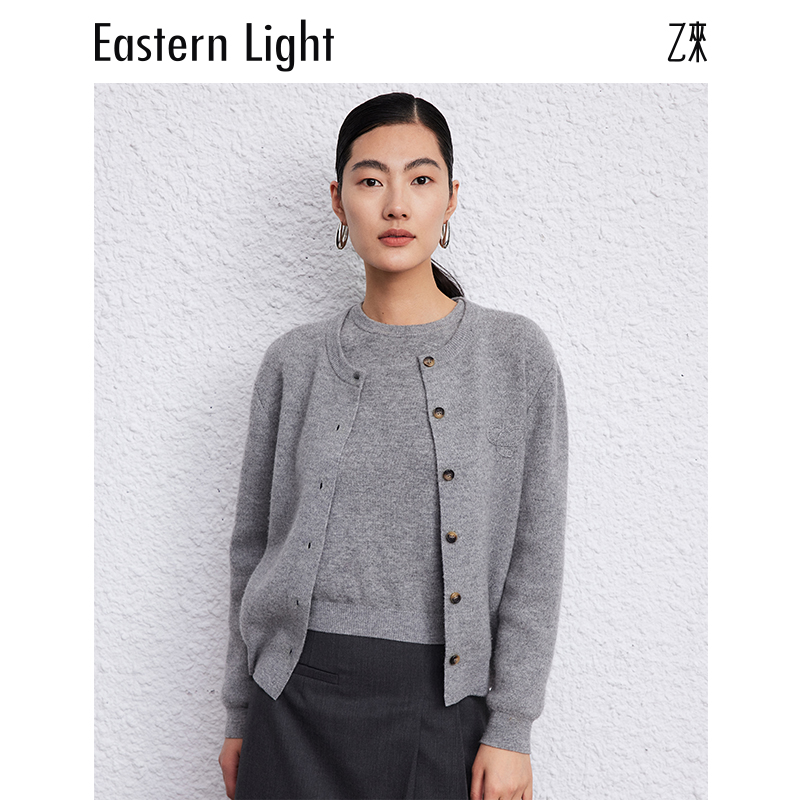 EasternLight乙来100%羊毛女士圆领单排扣两件套刺绣保暖百搭上衣