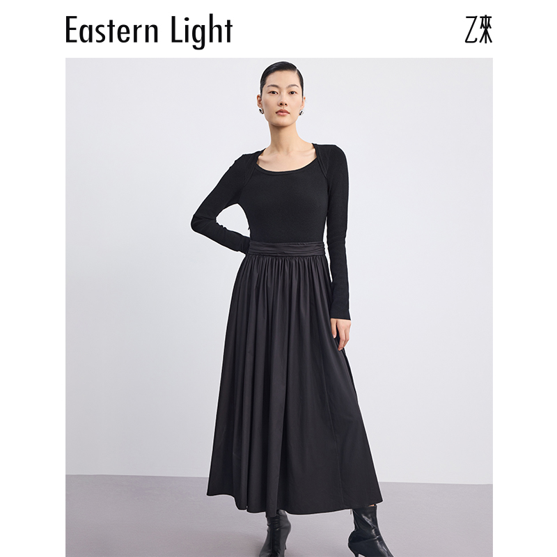 Eastern Light/乙来秋冬新款赫本风毛梭拼小黑裙长袖女装连衣裙