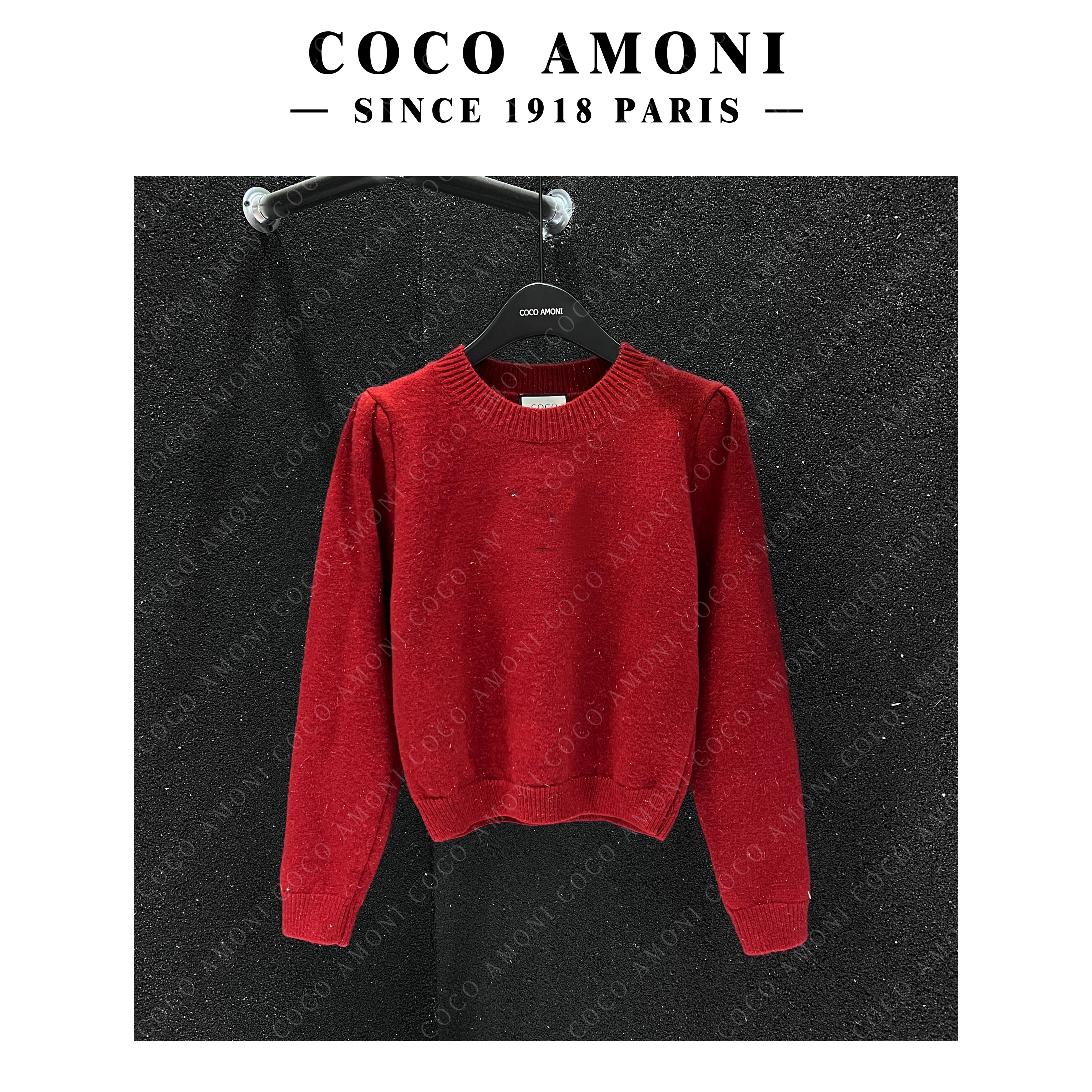 设计感红色泡泡袖字母烫钻套头毛衣时尚休闲百搭长袖针织衫 DS269