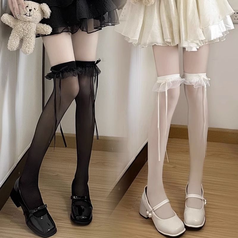 迷人丝袜女夏季薄款蕾丝边甜美蝴蝶结Lolita纯色丝带美腿过膝长袜