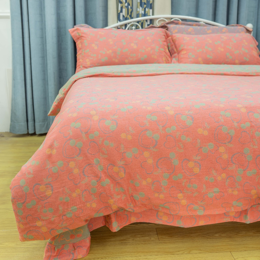 老工匠【樱桃】全棉双层纱四件套色织提花母婴双面提花