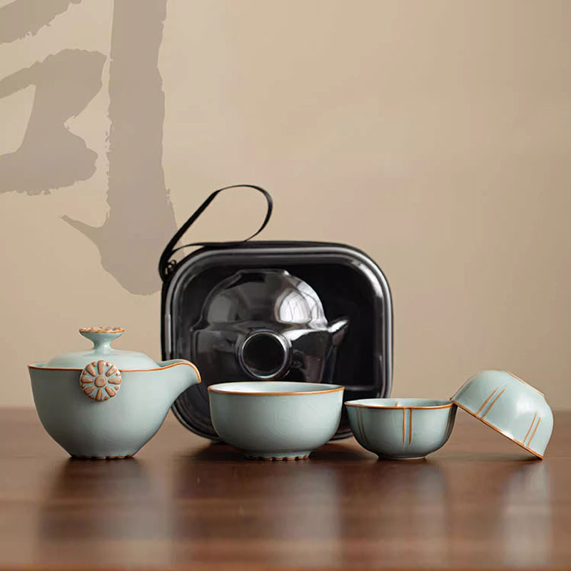 古道源中式天青汝窑陶瓷旅行茶具套装快客杯便携款式手抓壶1159