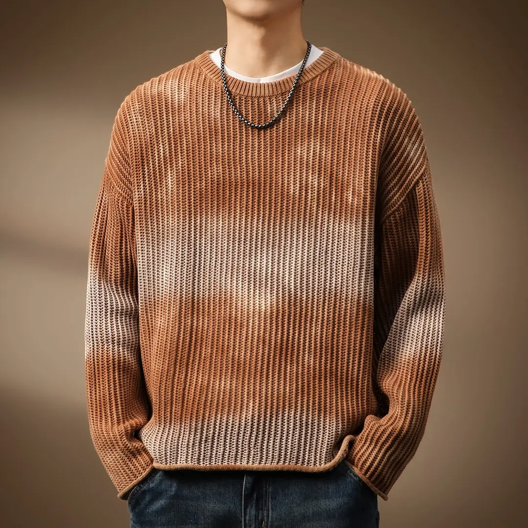 高端复古慵懒高级感渐变圆领毛衣男秋冬潮牌宽松镂空套头针织衫男