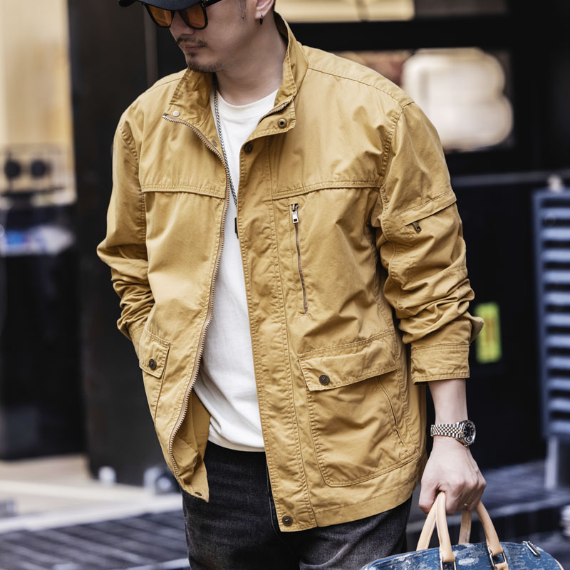 高端美式重磅帆布复古夹克男秋冬新款结构拼接做旧水洗机车外套男