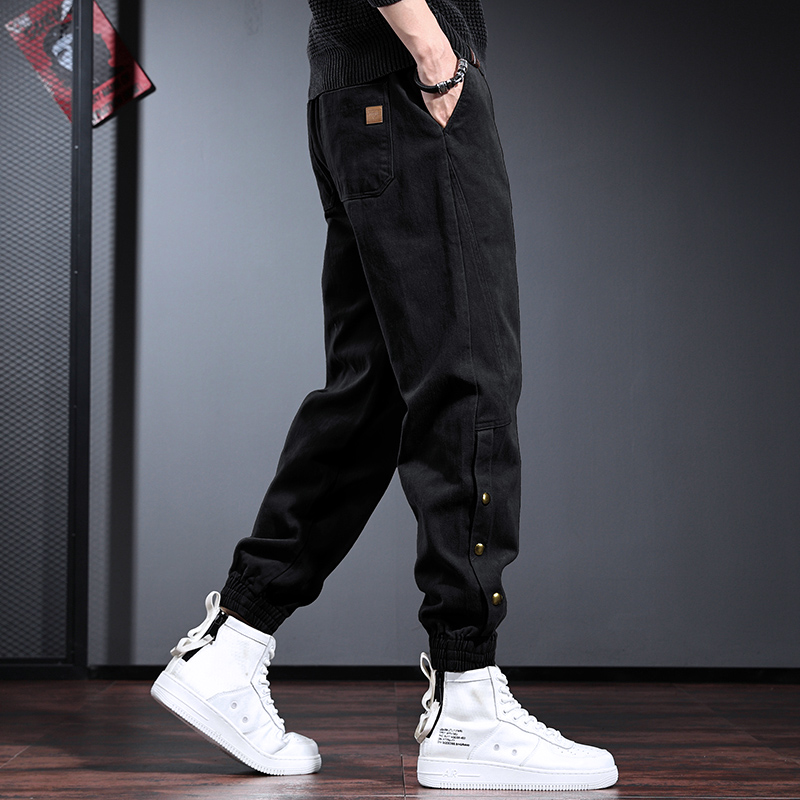 黑色工装裤子男宽松阔腿哈伦裤欧美风配马丁靴的裤男秋冬大码潮流