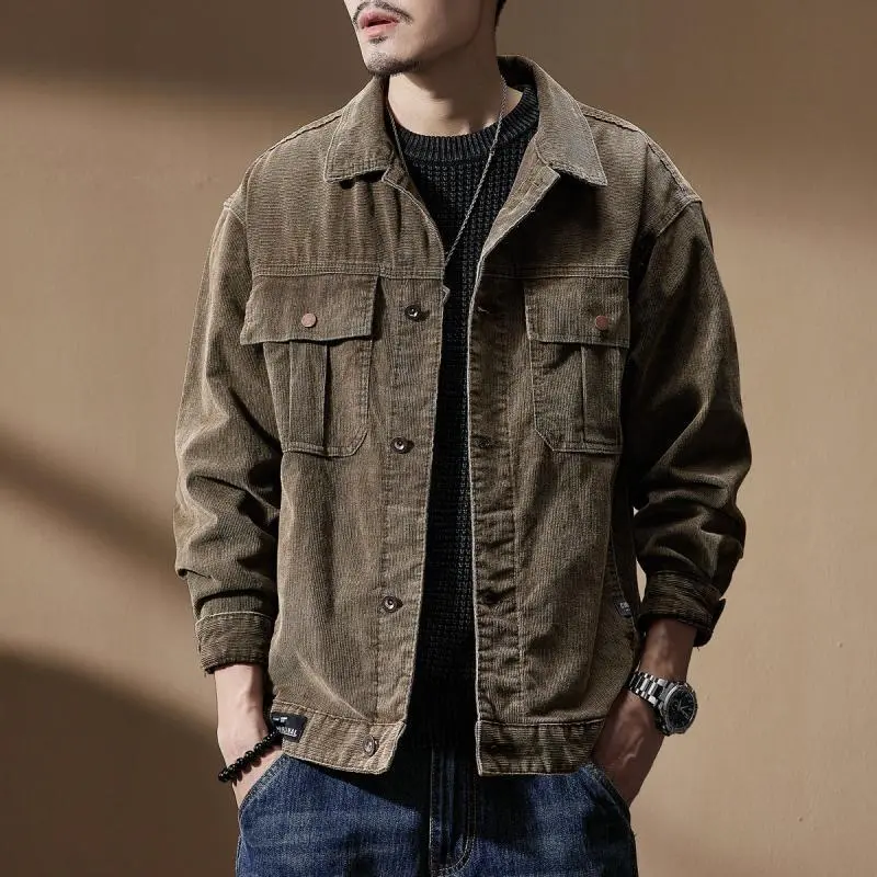 美式重磅复古工装灯芯绒夹克男2025夏季新款潮牌痞帅阿美咔叽外套