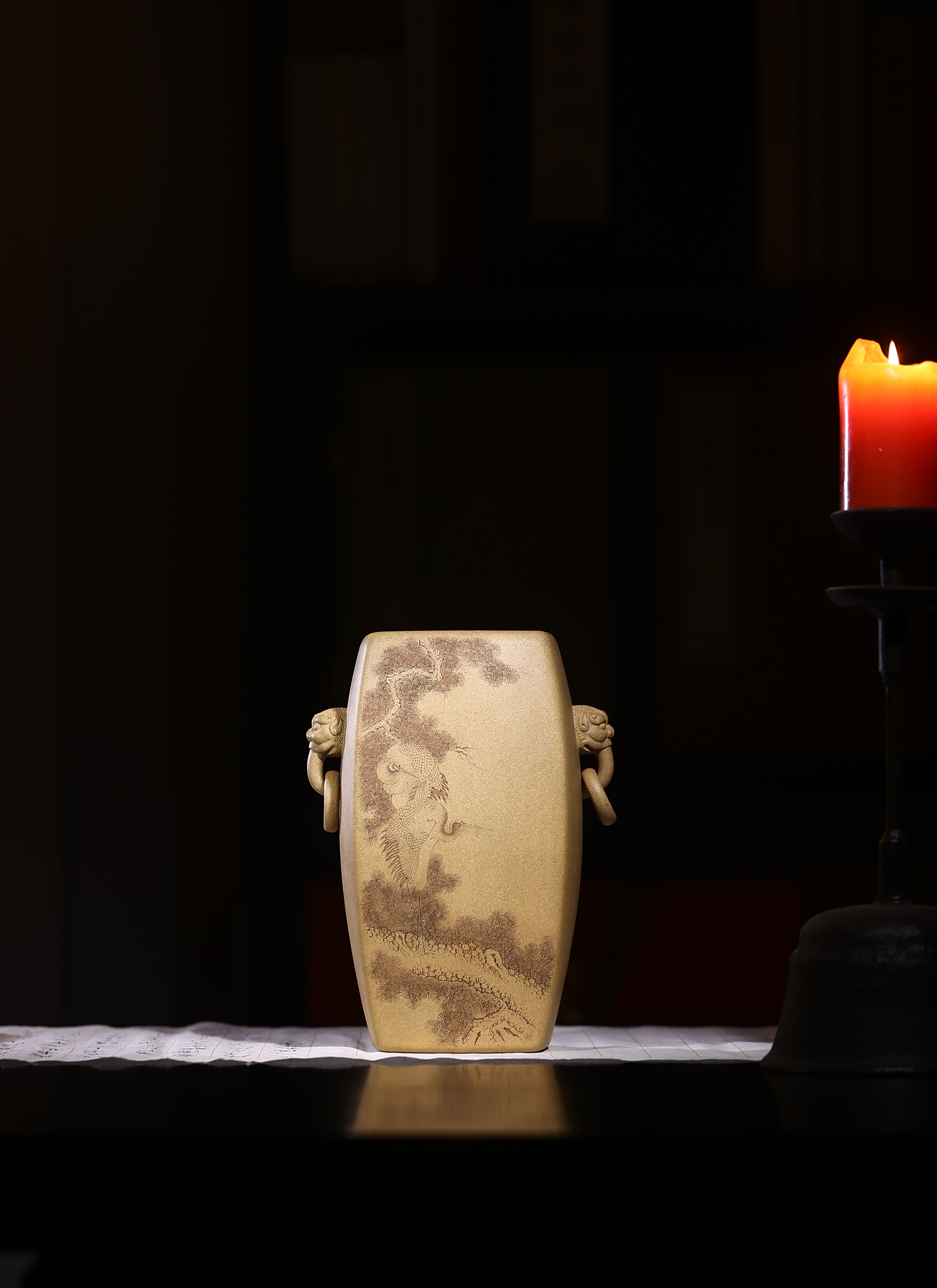 【知守.茶器】松鹤图兽耳赏瓶，储亚军作品