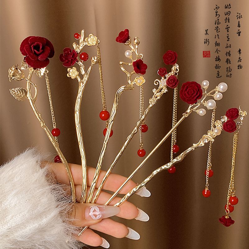 红色山茶花发簪女秋冬高级感后脑勺发钗古风汉服头饰流苏圣诞簪子