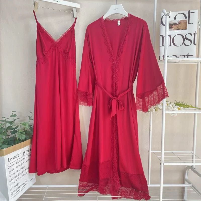 【UZ OYUM】酒红色冰丝长款性感吊带睡裙蕾丝睡衣两件套新疆包邮xl