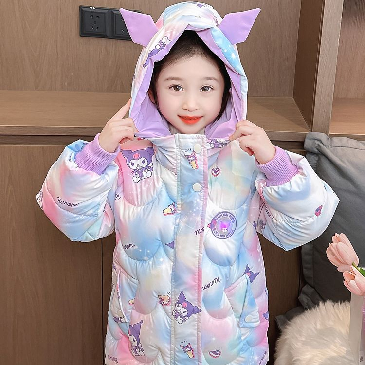 好物2023新款韩版女童洋气加绒冬装中长款派克服卡通可爱棉服儿童