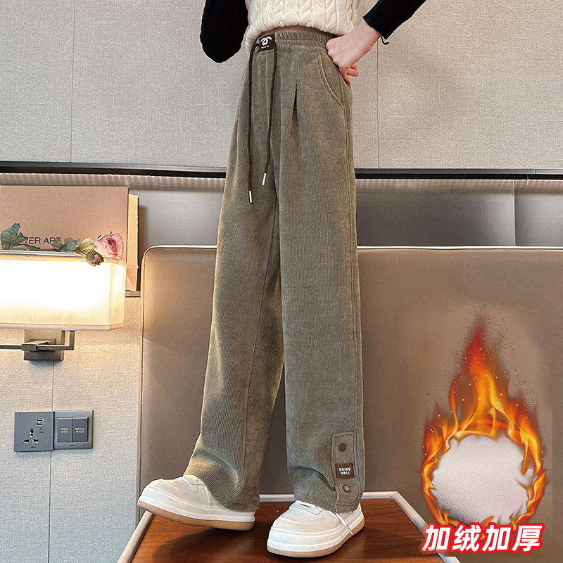 女童秋冬裤子2023新款一体加绒儿童阔腿裤中大童冬季休闲直筒长裤
