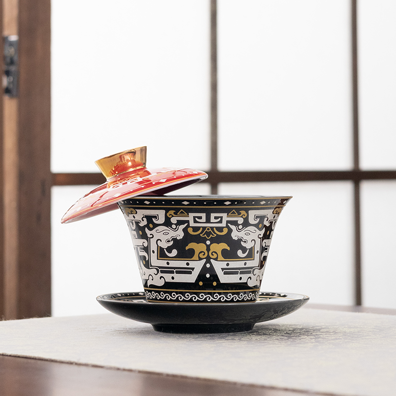 悬停三才盖碗可旋转带盖金银错陶瓷功夫泡茶碗单个F293