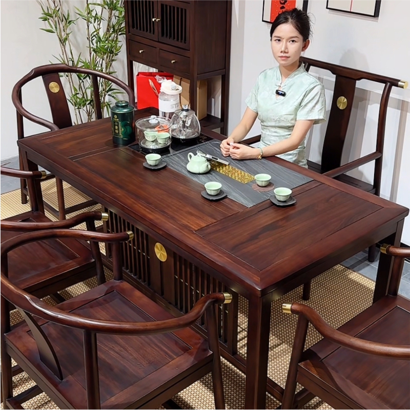 乌金木茶桌椅组合禅意办公室茶几套装一体泡茶台新中式实木茶台