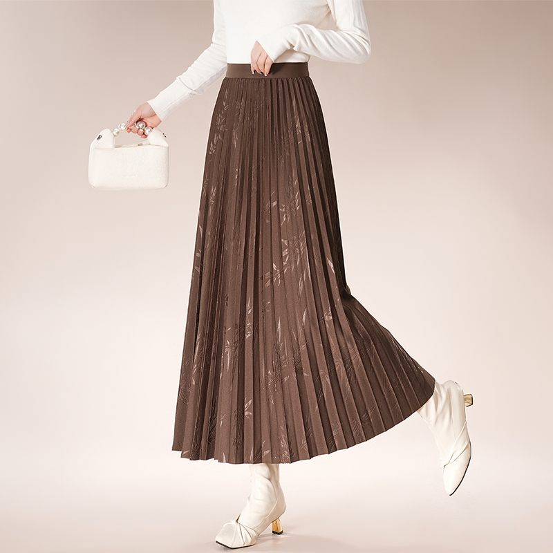 印花百褶裙女高腰长款垂坠感大摆裙2024秋冬新款显瘦半身长裙