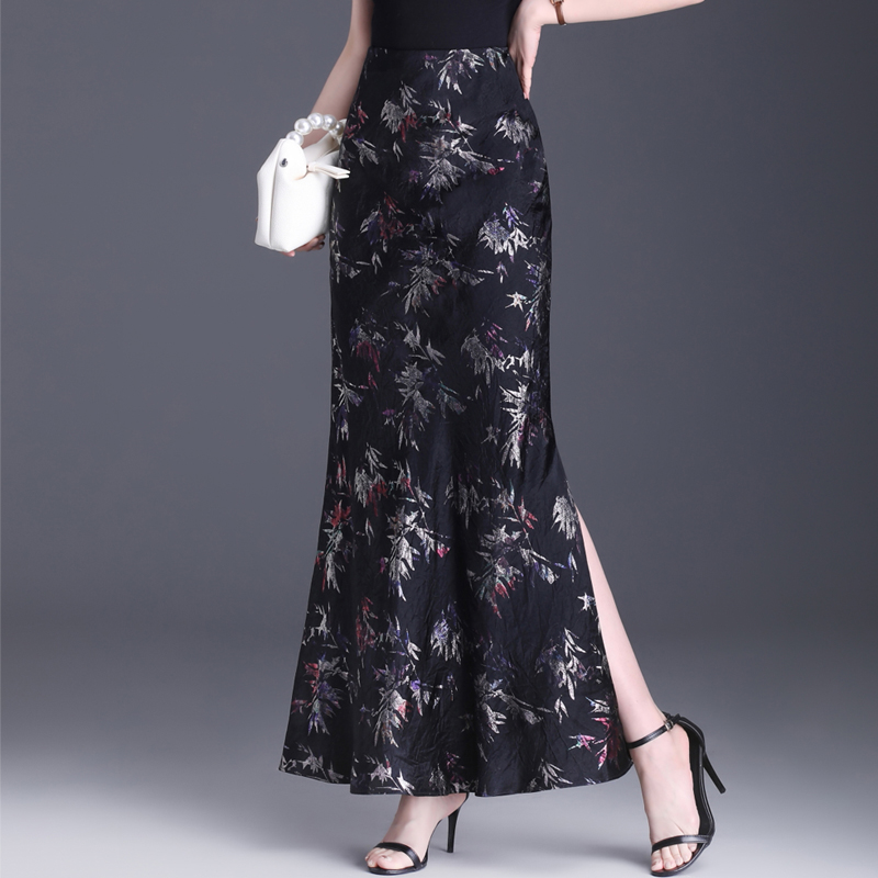 优雅气质半身裙女2025夏季复古花色显瘦垂感开叉到脚踝包臀长裙秋