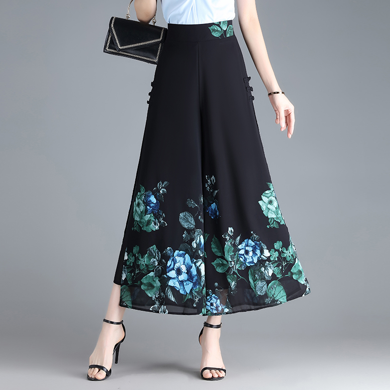 今年流行裙裤中国风裤子女夏九分阔腿裤2025印花薄款雪纺裤裙垂感