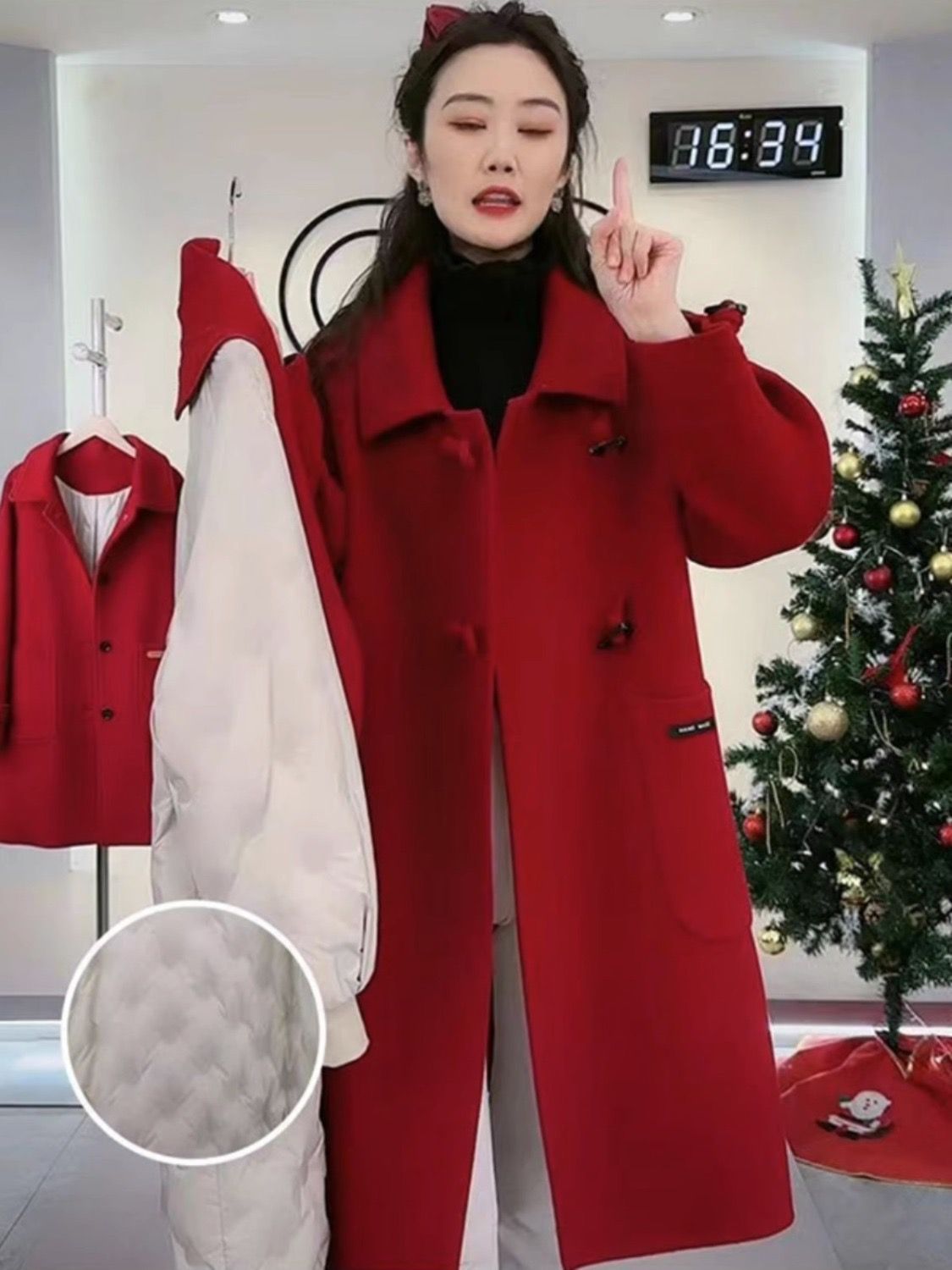 鹅绒内胆毛呢外套女2024新款中长款牛角扣羽绒服红色夹棉呢子暖冬