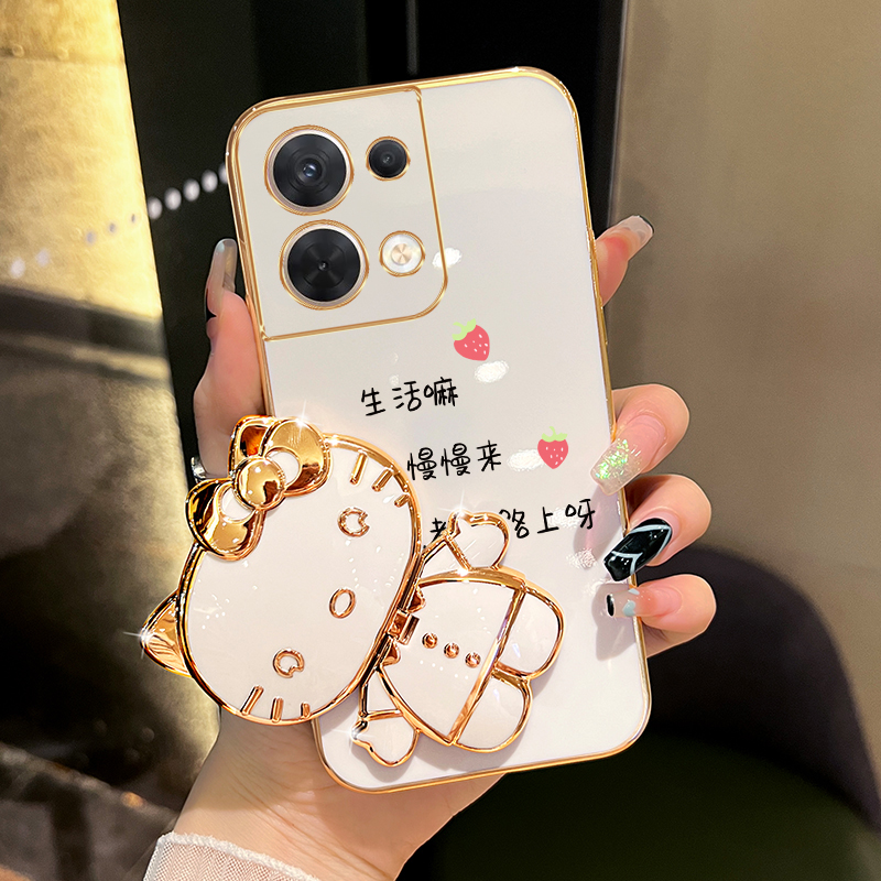 适用oppoReno9/9pro手机壳好运都在路上猫咪补妆镜支架保护套女款