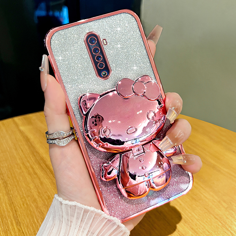 适用oppoReno2z闪粉手机壳新款猫咪补妆镜支架透明防摔保护套女款