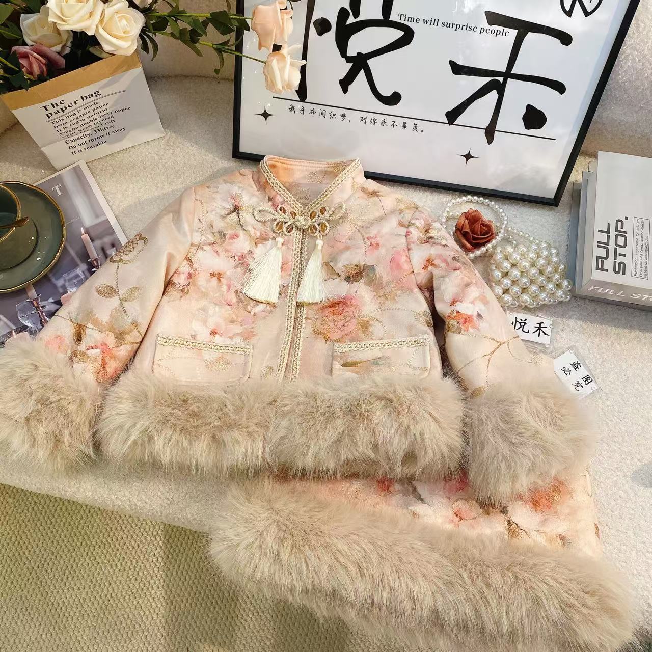 SD萌娃春秋装加绒加厚浪漫花开新中式拜年淡粉短裙套装6402