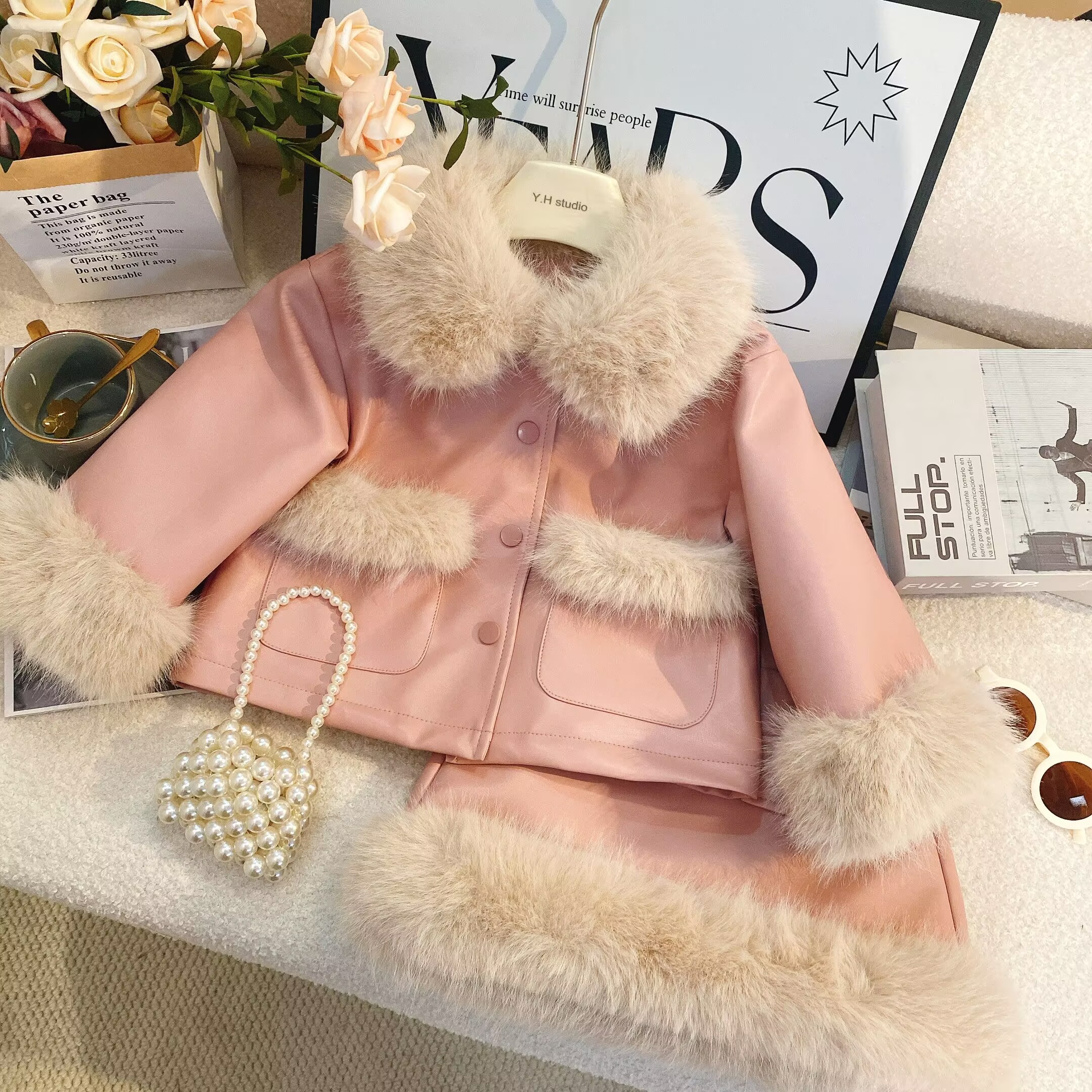 SD2024女童加绒皮衣套装粉色冬款加厚外套潮流半裙套装6101