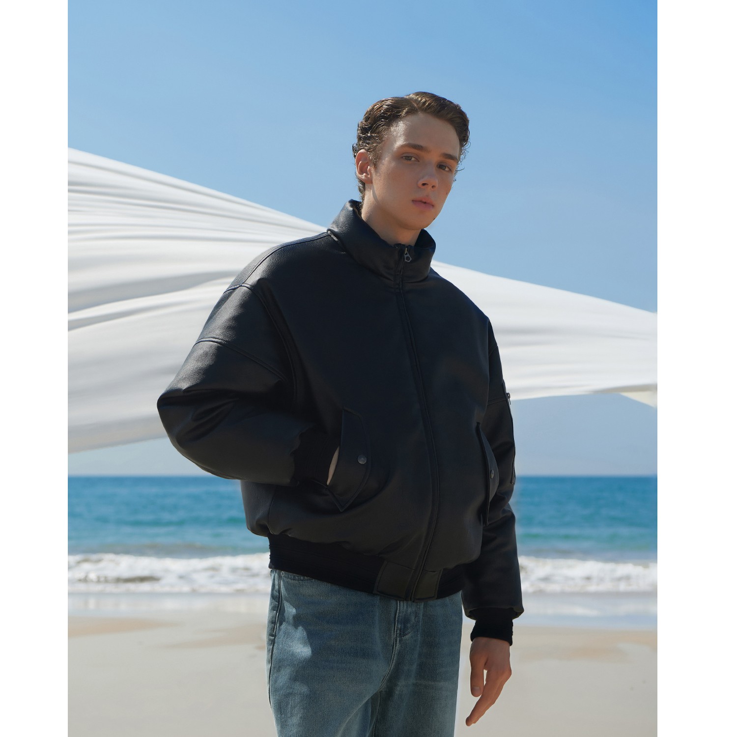 EviStub23FW 立领抗风保暖基础经典美式短款皮衣夹克棉服男冬季