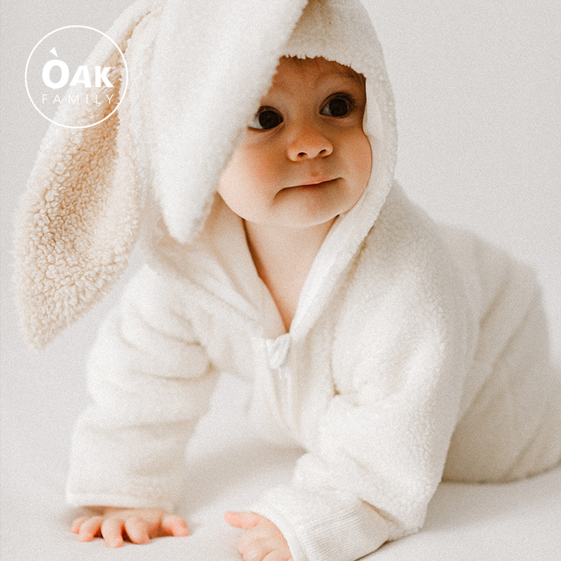 OAKfamily婴儿连体衣冬季厚夹棉加厚羊羔绒棉服满月萌娃爬服连帽