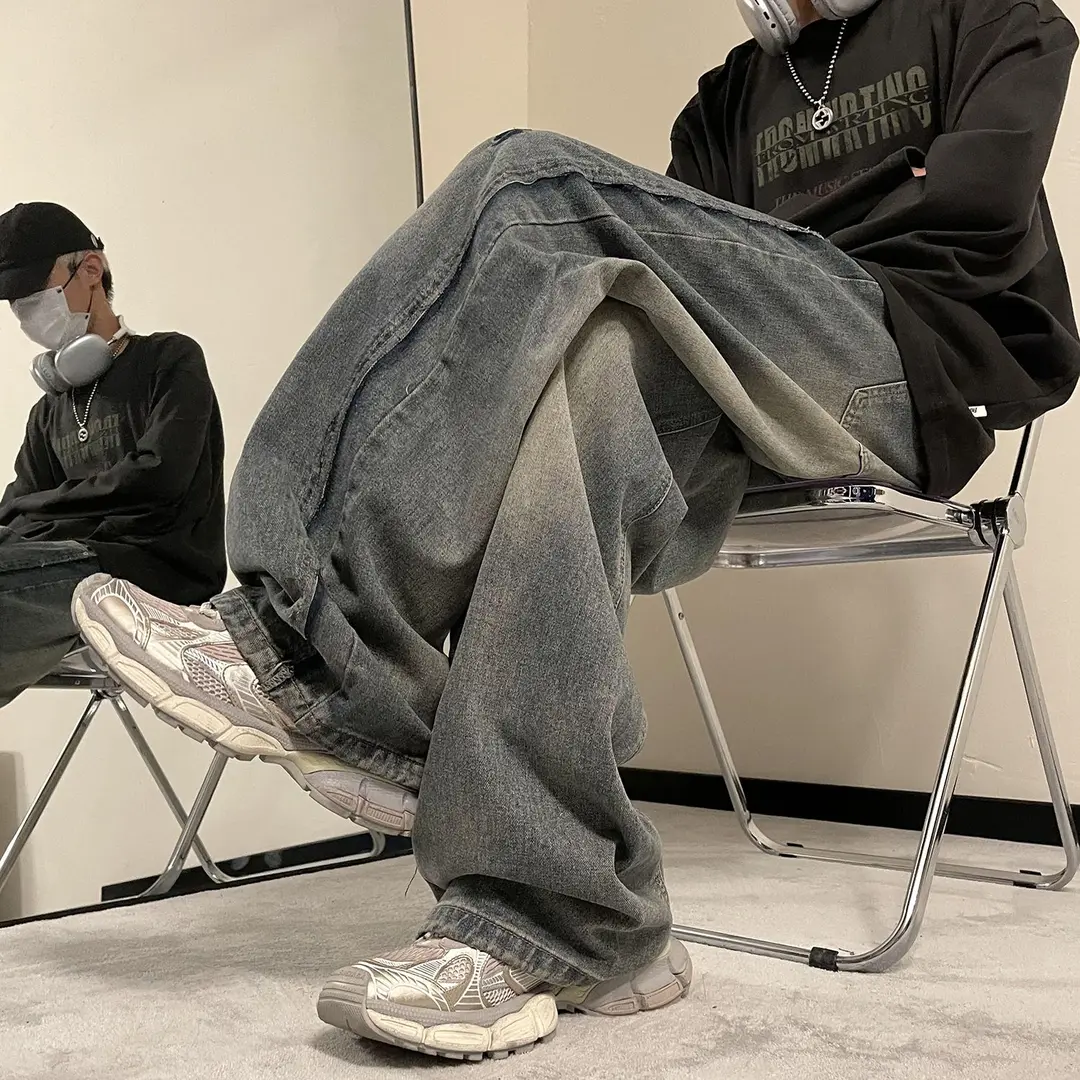 美式复古牛仔裤男2024新款秋冬潮牌设计感宽松直筒痞帅阔脚长裤子